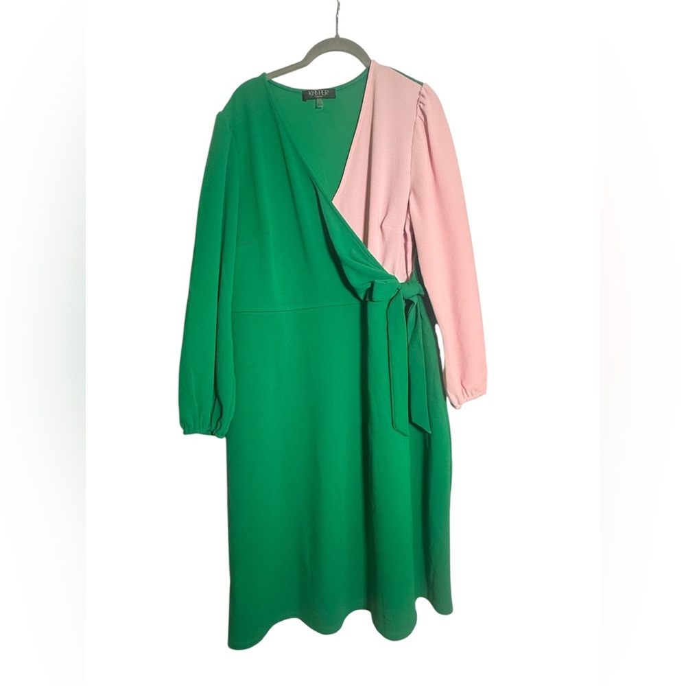 Kasper women's plus size 1X Green and Pink Long Sleeve‎ faux wrap Dress